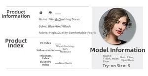 Size guide for mid-length lace dress with model metrics and fabric characteristics