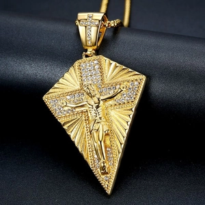 Hip hop gold plated stainless steel Jesus cross pendant necklace with sparkling crystals