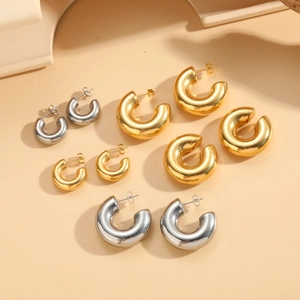 Stainless Steel Chunky C-Shaped Hoop Earrings With High Polish Finish Minimalist Vintage Modern Style For Women