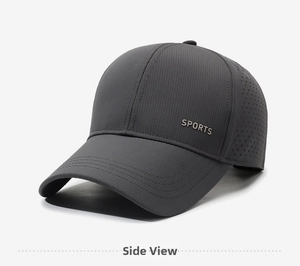 Close-up of dark grey sports cap featuring breathable mesh and 3D embossed SPORTS logo