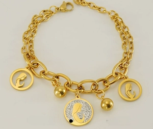 Detail of 18K gold double-layer stainless steel bracelet with hollow portrait charms