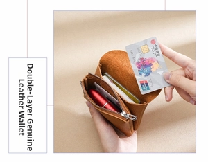 Genuine leather coin purse in tan brown showing compartments for cards and lipstick
