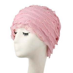 Women Slouchy Beanie Hat Layered Ruffle Pleated Turban Cap Breathable Polyester Cotton Fashion Headwrap For Cycling