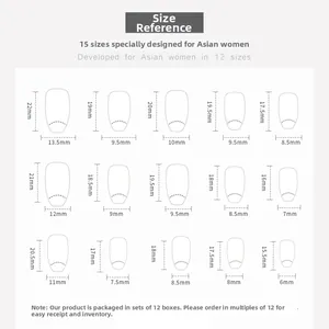 Detailed size chart for short ballet ombre press-on nails with 15 specific measurements