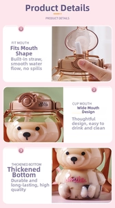 Detail of cute bear water bottle featuring soft straw, wide mouth and thick anti-drop base