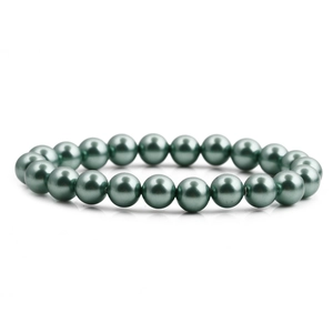 Bracelet en perles rondes vert paon foncé avec reflet lustré sur fond blanc épuré