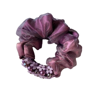 Elegant purple mesh scrunchie featuring decorative beads and crystal flower accents