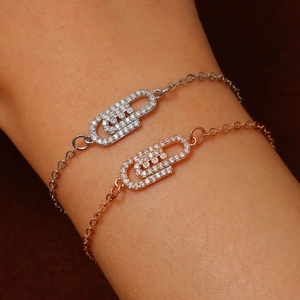 Minimalist geometric zircon paperclip bracelets in silver and rose gold for women
