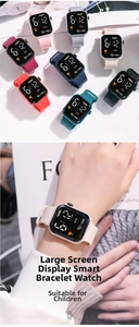 Detail showing colorful LED square digital watches with soft silicone straps for kids