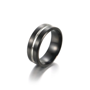 Minimalist 8mm matte black and silver stainless steel ring with center line and dual tones