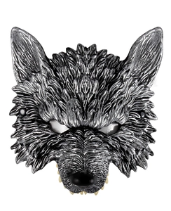 Detailed macro view of realistic wolf mask with intricate silver-grey fur texture and 3D features
