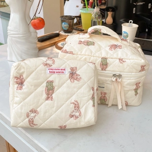 Quilted Cotton Makeup Bag Forest Bear Rabbit Pattern Large Capacity Cosmetic Pouch Kawaii Travel Storage Organizer For Women
