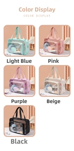 Detail view of double-layer waterproof toiletry bags in five pastel colors with handles