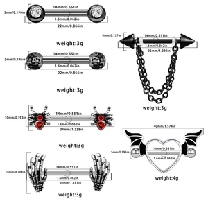 Detailed size chart for assorted 14G gothic nipple rings with bats and skulls