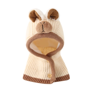 Cappuccio in maglia per bambini con sciarpa e orecchie beige, berretto caldo 2-5 anni