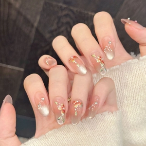 Rosa Verlauf Schmetterling Press-on-Nägel mit Champagner-Gold Katzenauge und Perlen