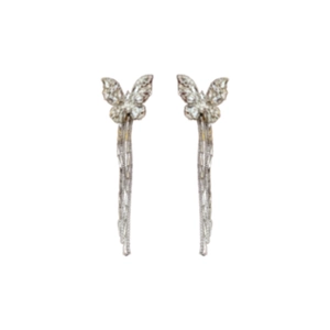 Silver butterfly chain tassel earrings with sparkling zircon stones on white background