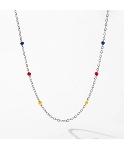 Macro view of S925 silver necklace featuring delicate blue, red, and yellow round beads