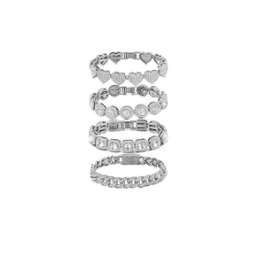 Detailed view of silver hip hop bracelet set with round square and heart zircons