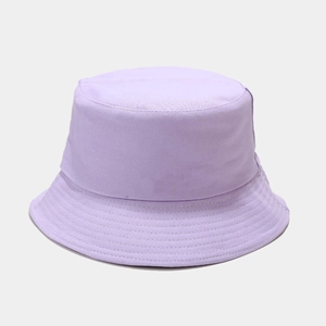 Detailed close-up of light purple cotton twill bucket hat with clean stitched brim