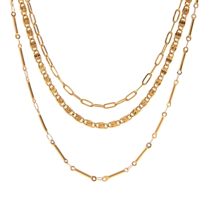 Three-layer gold stainless steel necklace with textured links on white background
