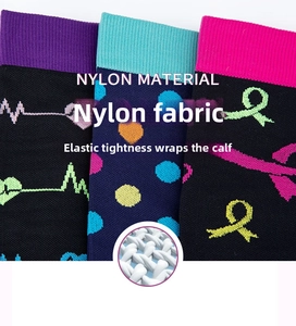 Macro detail of nylon compression socks with heart rate, polka dots and ribbon patterns