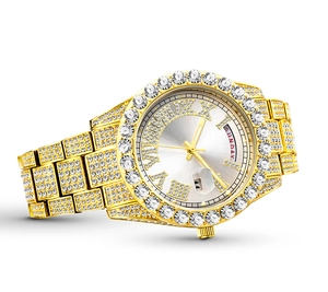 Detail of gold iced-out watch with crystal bezel and Roman numeral date display