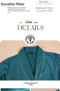 Detail of shawl collar on dark green striped bathrobe with silk-like fabric texture