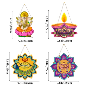 Set of four colorful Diwali hanging decorations with Ganesha, Diya lamp, and festival signs