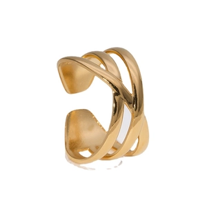 Minimalist triple layered gold plated stainless steel open ring with a polished finish
