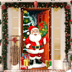 Christmas Door Banner Santa Claus Print Polyester Outdoor Holiday Party Garden Entrance Decoration Hanging Ornament