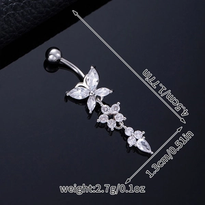 Macro shot of butterfly zircon belly ring measuring 4.5cm by 1.3cm in silver finish