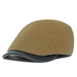 Winter vintage mixed wool tweed newsboy cap with black leather brim in khaki and green