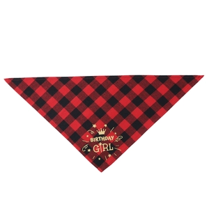Plaid cotton pet birthday bandana with golden Birthday Girl crown print for dogs and cats