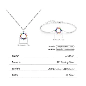 S925 sterling silver necklace and bracelet set with rainbow gemstone circular pendants