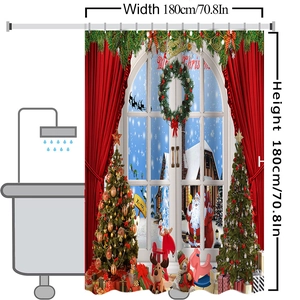 Detailed view showing 180x180cm dimensions of the festive Christmas polyester shower curtain