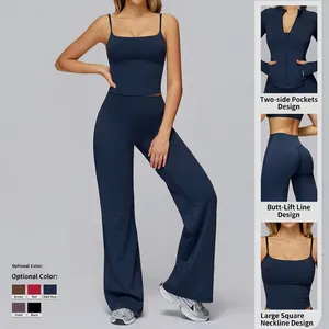 Women's dark blue square neck yoga set with flared pants and side pockets for fitness