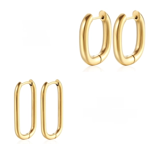 Detailed macro view of U-shaped oval stainless steel hoop earrings with 18K gold plating