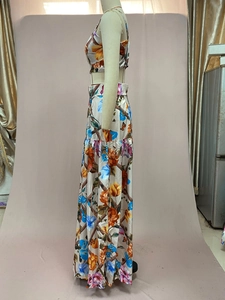 Detail of floral print two-piece set featuring cropped camisole top and high-waisted maxi skirt