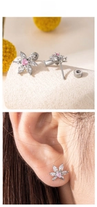 Detail of flower stud earring with pink heart zircon and screw back closure