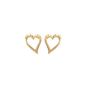 Detailed close-up of hollow heart-shaped gold stud earrings with metallic luster