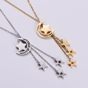 Gold and silver moon star pendant necklaces with elegant tassel chains in polished steel