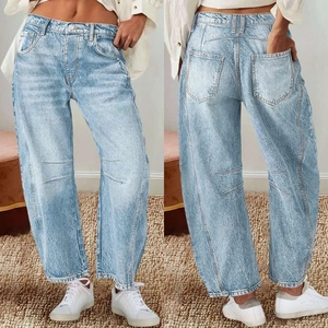 Damen High Waisted Wide Leg Denim Jeans Loose Fit Retro Gerade Gebogene Lange Hose Streetwear Baumwollmischung