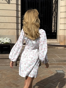 Floral puff sleeve long sleeve dress in white with sweet A-line cut and waist design
