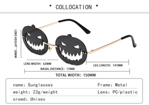 Detailed size specifications for pumpkin sunglasses featuring gold metal frame dimensions