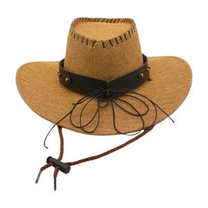 Detail of western brown woven straw hat featuring bronze rivets and adjustable chin strap