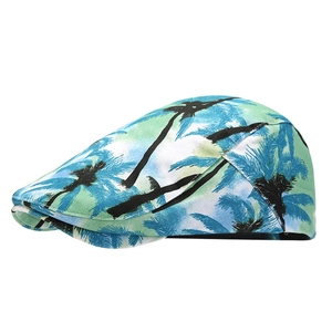 Tropical palm tree print flat cap with a short brim and vintage outdoor style