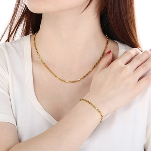 Close-up of golden box chain necklace and bracelet set worn on a model in white