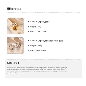 Detailed size chart and material specs for gold glass ring and pearl glass earrings