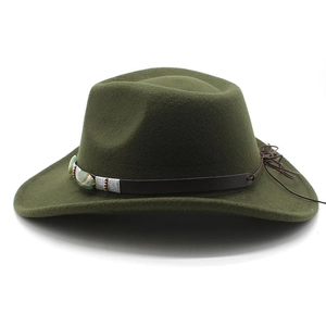 Detail of dark green wool felt fedora featuring leather band and bead embellishments